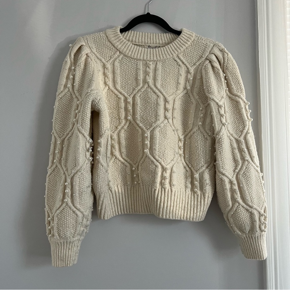 Marled Cream Sweater with Pearl Accents